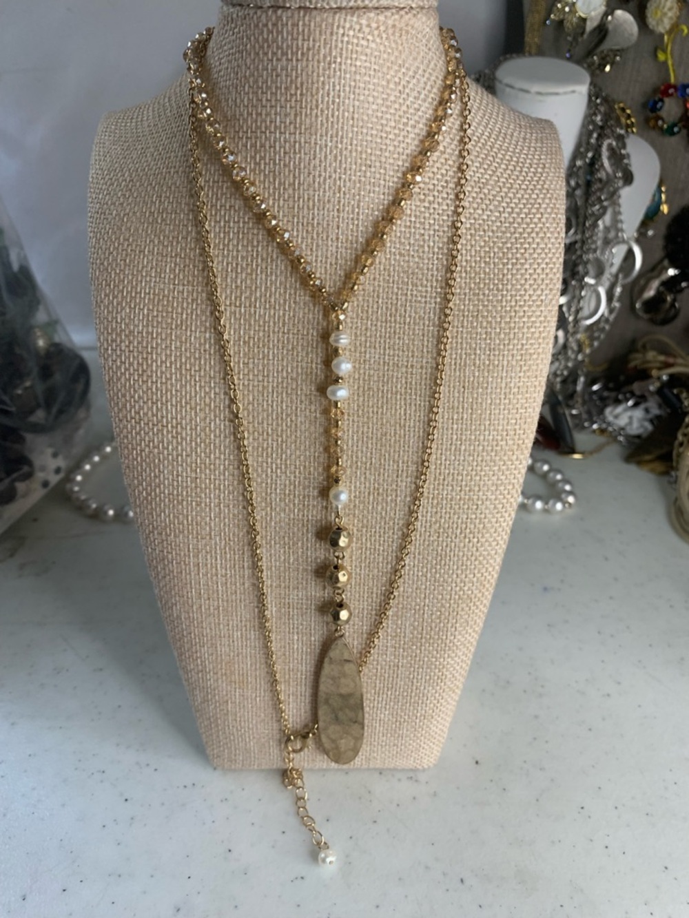 Gold-Tone Layered Real Pearl Pendant Necklace- Glass and metal beads